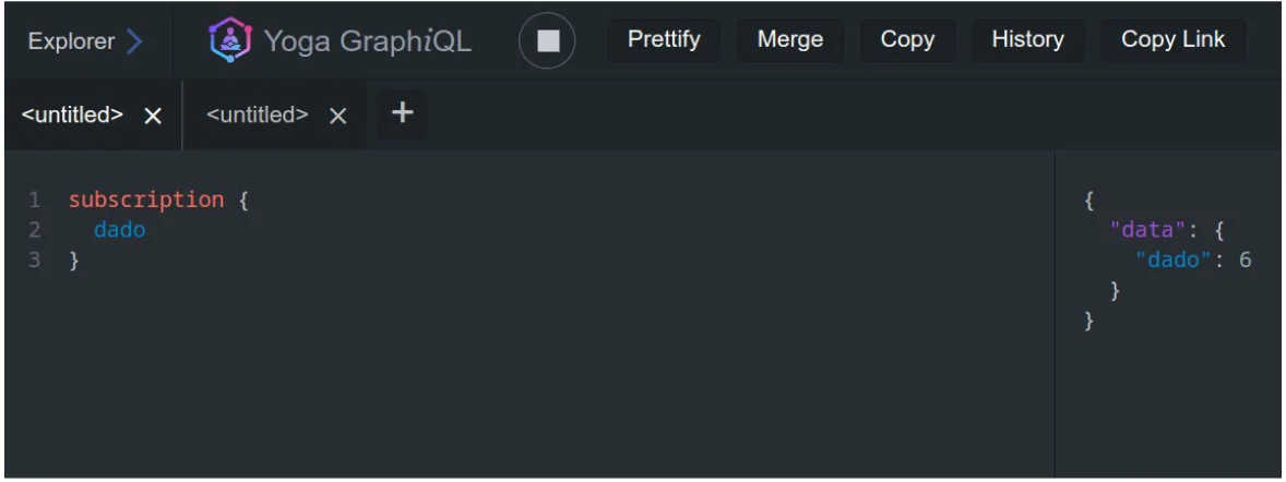 Yoga GraphiQL com a subscription dado à esquerda e, à direita, a resposta data com dado igual a 6