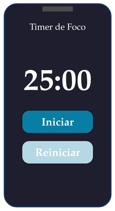 Tela escura do aplicativo com o título "Timer de Foco", o tempo 25:00 em destaque e os botões Iniciar e Reiniciar