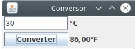 Janela Conversor com o valor 30 digitado, o rótulo °C, o botão Converter e o resultado 86,00°F