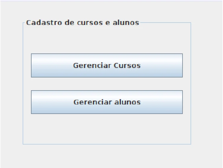 Painel Cadastro de cursos e alunos com os botões Gerenciar Cursos e Gerenciar alunos