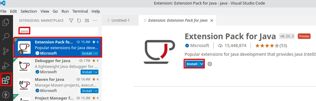 Marketplace do VS Code com a busca por java e a extensão Extension Pack for Java destacada, com o botão Install