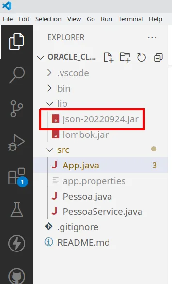 Explorer do VS Code com json-20220924.jar dentro da pasta lib destacado