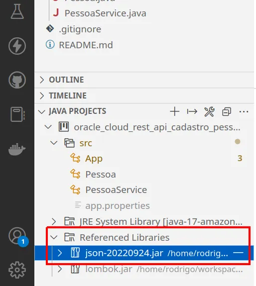 Seção Java Projects com json-20220924.jar listado em Referenced Libraries