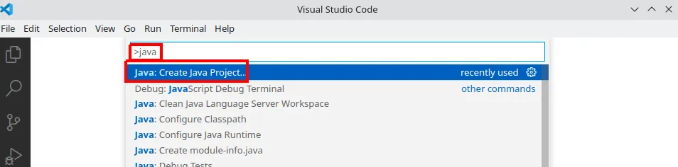 Paleta de comandos do VS Code com a opção Java: Create Java Project destacada