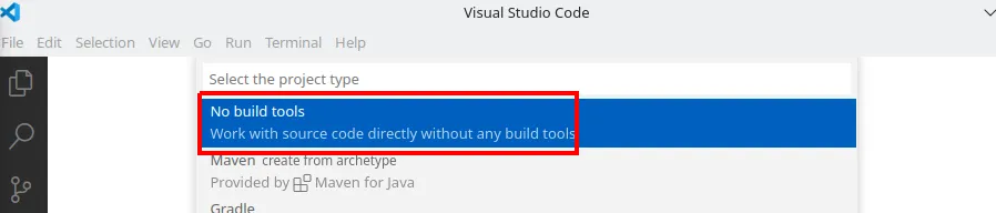 Seleção do tipo de projeto com a opção No build tools destacada