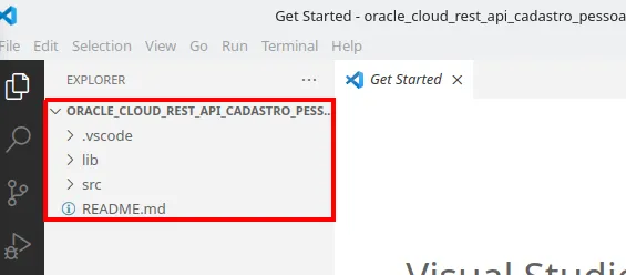 Explorer do VS Code com a pasta ORACLE_CLOUD_REST_API_CADASTRO_PESSOAS contendo .vscode, lib, src e README.md