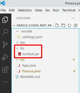 Explorer do VS Code com lombok.jar dentro da pasta lib destacado
