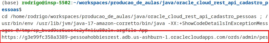 Terminal exibindo a URL da API lida do arquivo app.properties