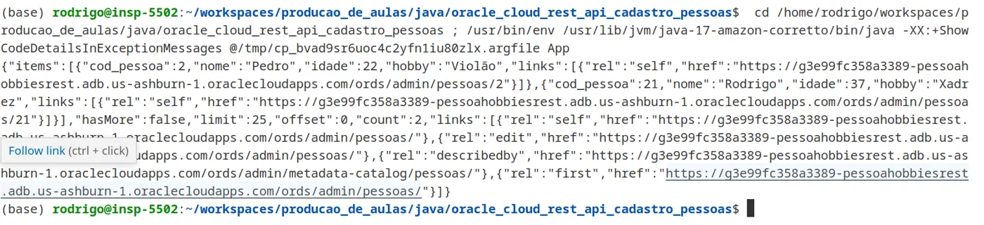 Terminal com o JSON de pessoas devolvido pela API, agora usando a URL do arquivo properties