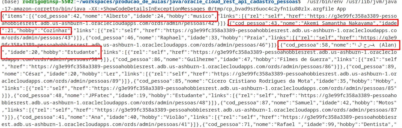 Saída do terminal com trechos destacados, cada um com um objeto de pessoa contendo cod_pessoa, nome, idade e hobby
