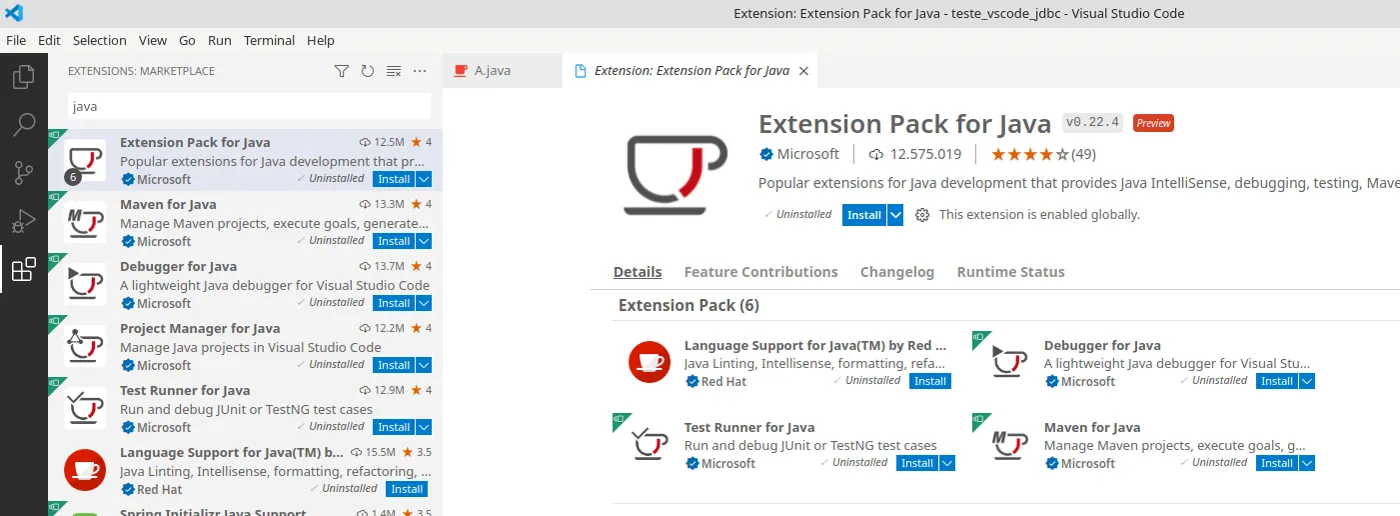 Marketplace do VS Code com a busca por java e a página da extensão Extension Pack for Java aberta