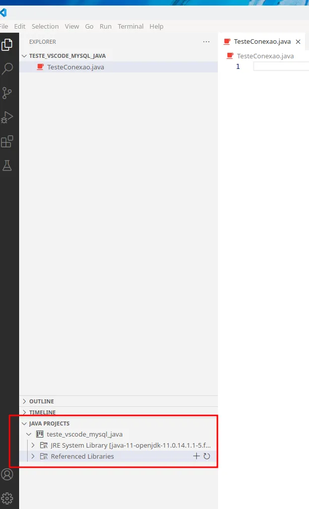 VS Code com o arquivo TesteConexao.java e, no canto inferior esquerdo, a aba Java Projects com o item Referenced Libraries destacado