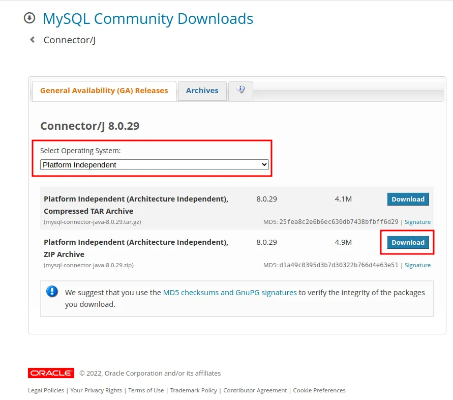 Página de download do Connector/J com Platform Independent selecionado e o botão Download do arquivo ZIP destacado