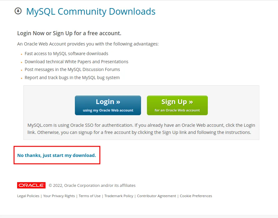 Tela de login da Oracle com o link No thanks, just start my download destacado