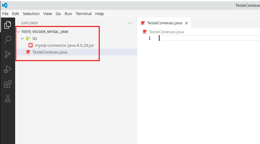 Explorer do VS Code com a pasta lib contendo mysql-connector-java-8.0.29.jar e o arquivo TesteConexao.java
