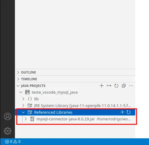 Aba Java Projects com o driver mysql-connector-java-8.0.29.jar listado em Referenced Libraries