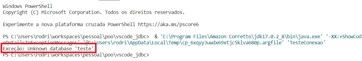 Terminal do VS Code com a mensagem Exceção: Unknown database 'teste' destacada