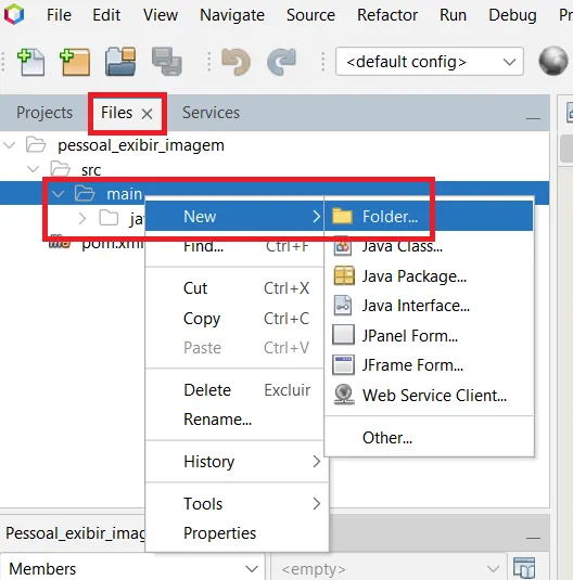 Aba Files do NetBeans com o menu de contexto da pasta main aberto em New >> Folder