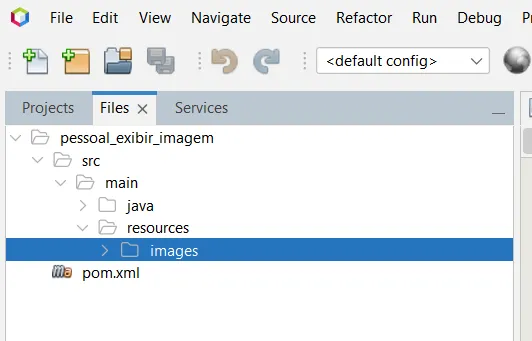Estrutura do projeto na aba Files: src/main com as pastas java e resources, e images dentro de resources