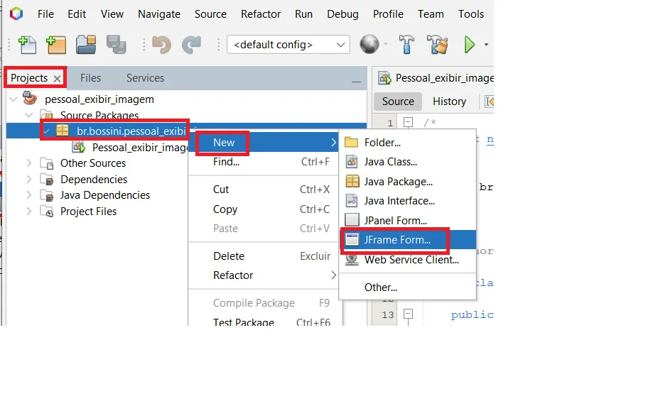 Aba Projects com o menu de contexto do pacote principal em New >> JFrame Form
