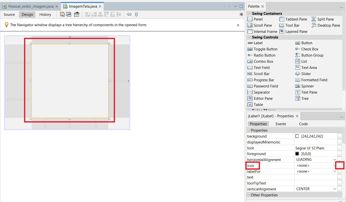 NetBeans com o JLabel selecionado e, nas propriedades, o botão ao lado de icon destacado