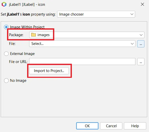 Diálogo do icon com Image Within Project selecionado, o pacote images e o botão Import to Project destacados