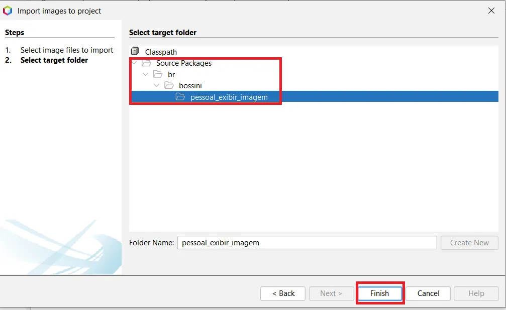 Passo Select target folder com o pacote principal do projeto selecionado em Source Packages