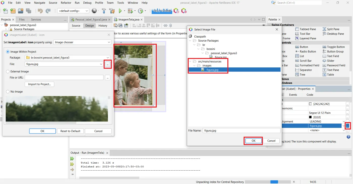 NetBeans exibindo a figura no JLabel e o diálogo de seleção de arquivo com src/main/resources/images/figura.jpg selecionado