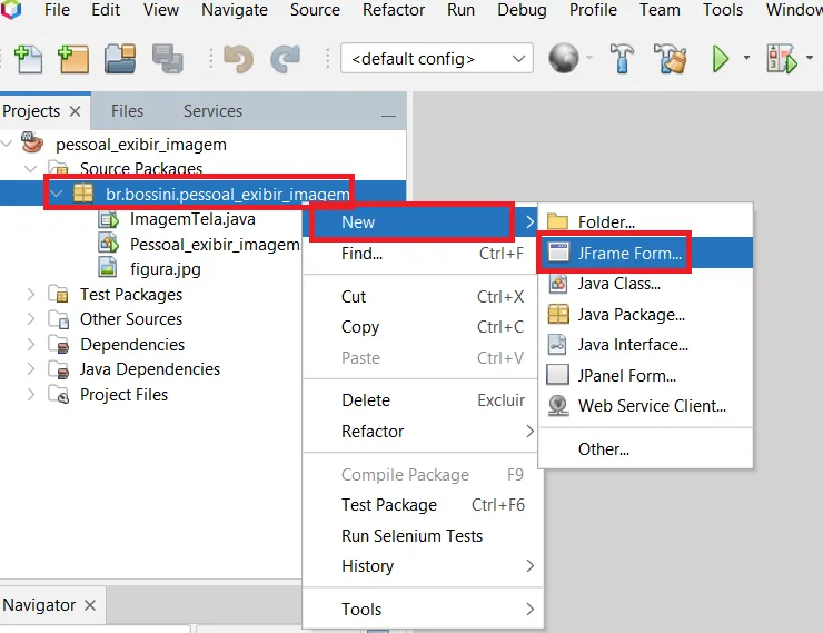 Menu de contexto do pacote principal com New >> JFrame Form destacado