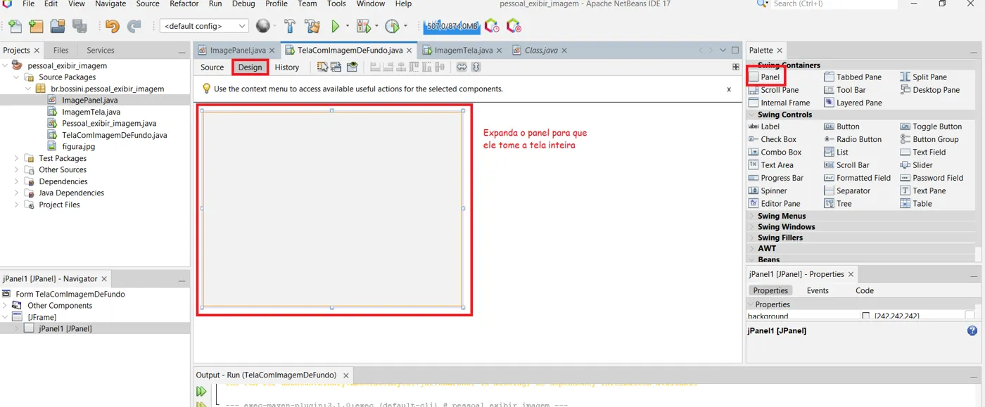 Modo Design com um Panel ocupando todo o JFrame