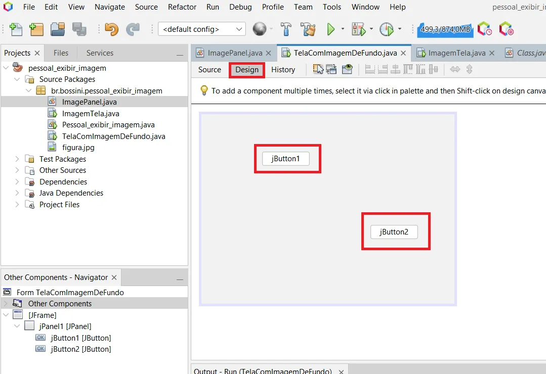Modo Design com dois botões, jButton1 e jButton2, sobre o Panel
