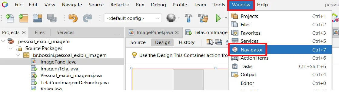 Menu Window do NetBeans com a opção Navigator destacada