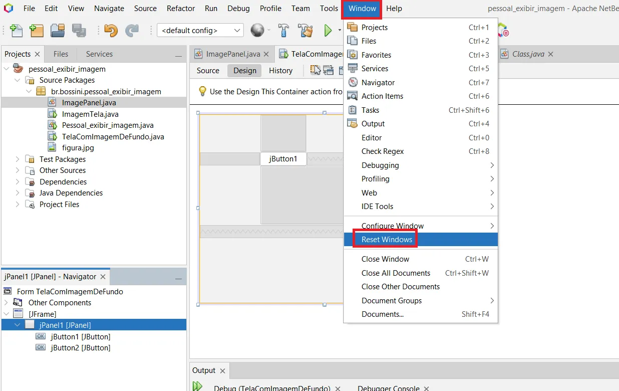 Menu Window do NetBeans com a opção Reset Windows destacada