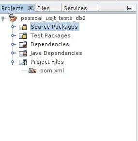 Aba Projects do NetBeans com o projeto expandido mostrando Project Files e o arquivo pom.xml