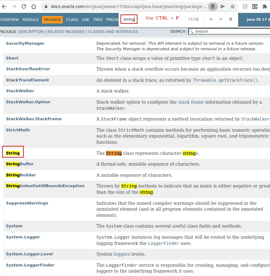 Página do pacote java.lang no javadoc com a busca por String no navegador e o link String destacado na lista de classes