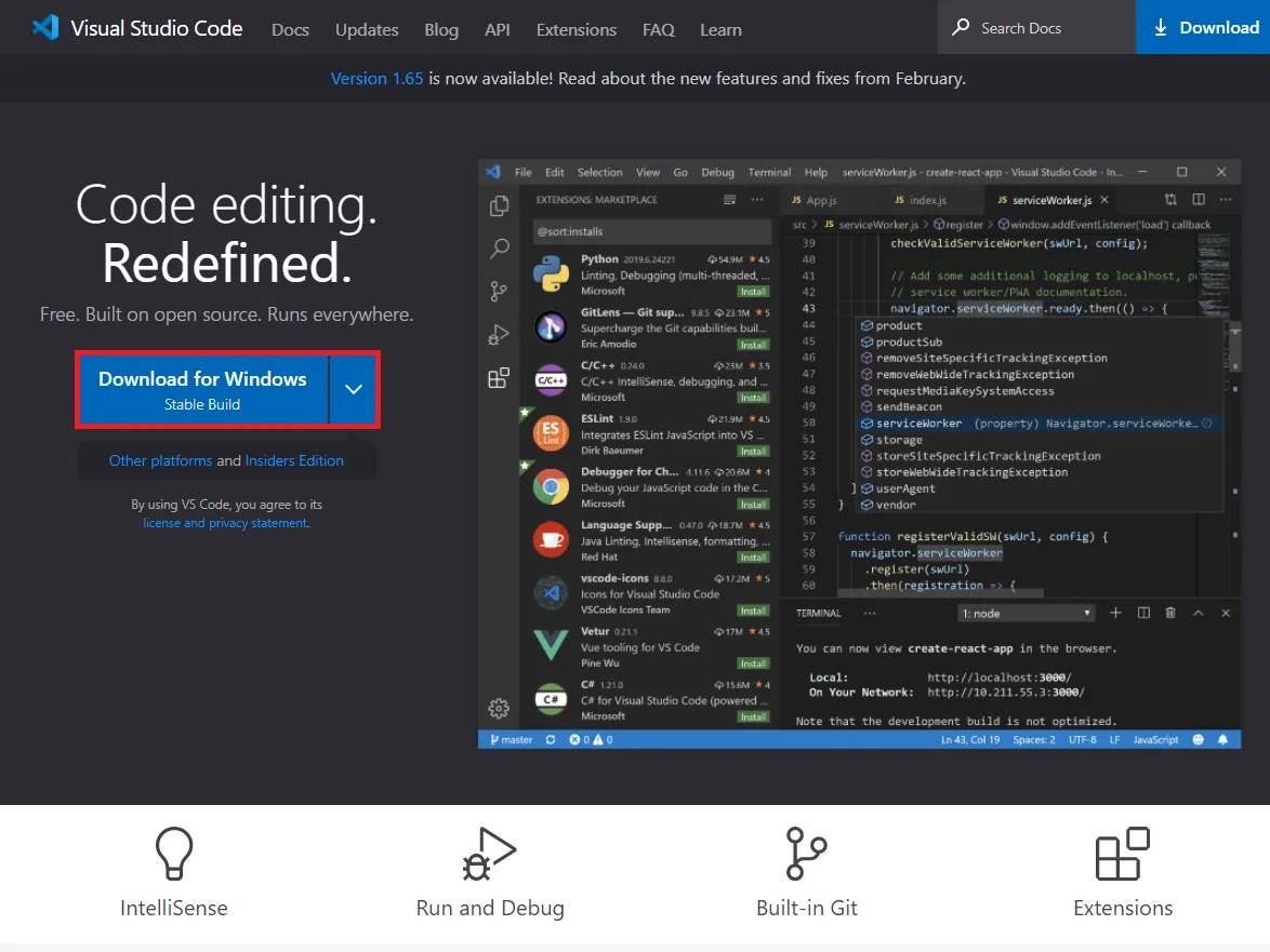 Página inicial do site do VS Code com o botão Download for Windows destacado