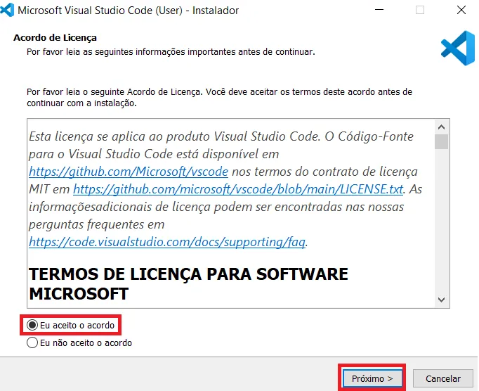 Tela do Acordo de Licença do instalador com a opção Eu aceito o acordo marcada