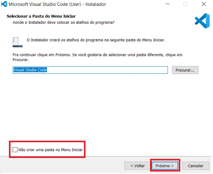 Tela Selecionar a Pasta do Menu Iniciar com o nome Visual Studio Code