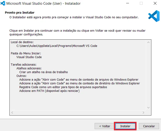 Tela Pronto para Instalar com o resumo das opções e o botão Instalar