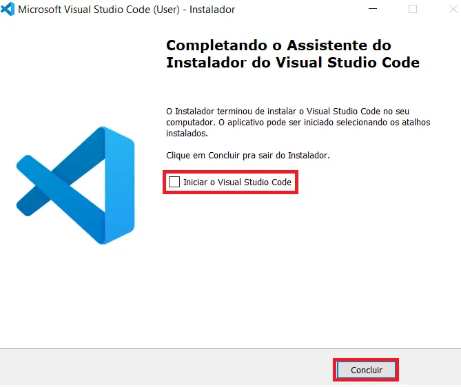 Tela final do assistente de instalação com a caixa Executar Visual Studio Code desmarcada
