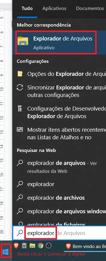 Menu Iniciar do Windows com a busca por explorador e o aplicativo Explorador de Arquivos destacado