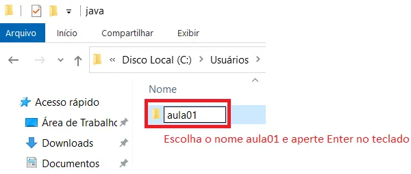Nova pasta sendo nomeada como aula01 com a instrução para apertar Enter