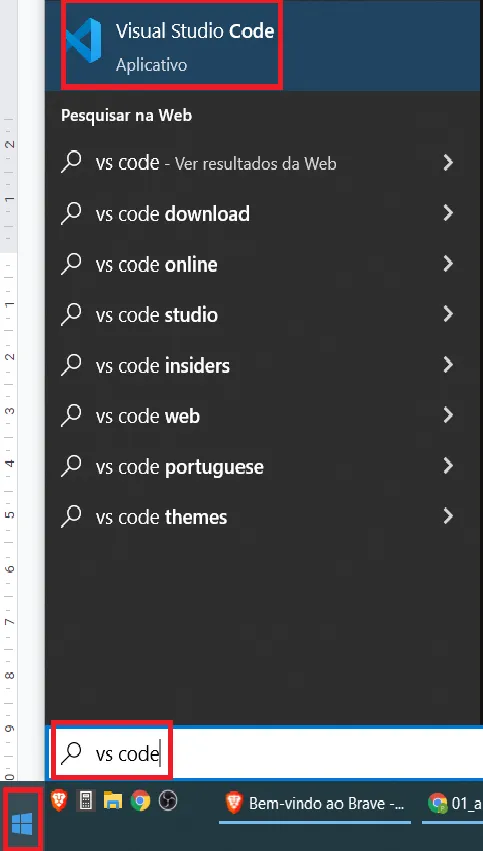 Menu Iniciar com a busca vs code e o aplicativo Visual Studio Code destacado