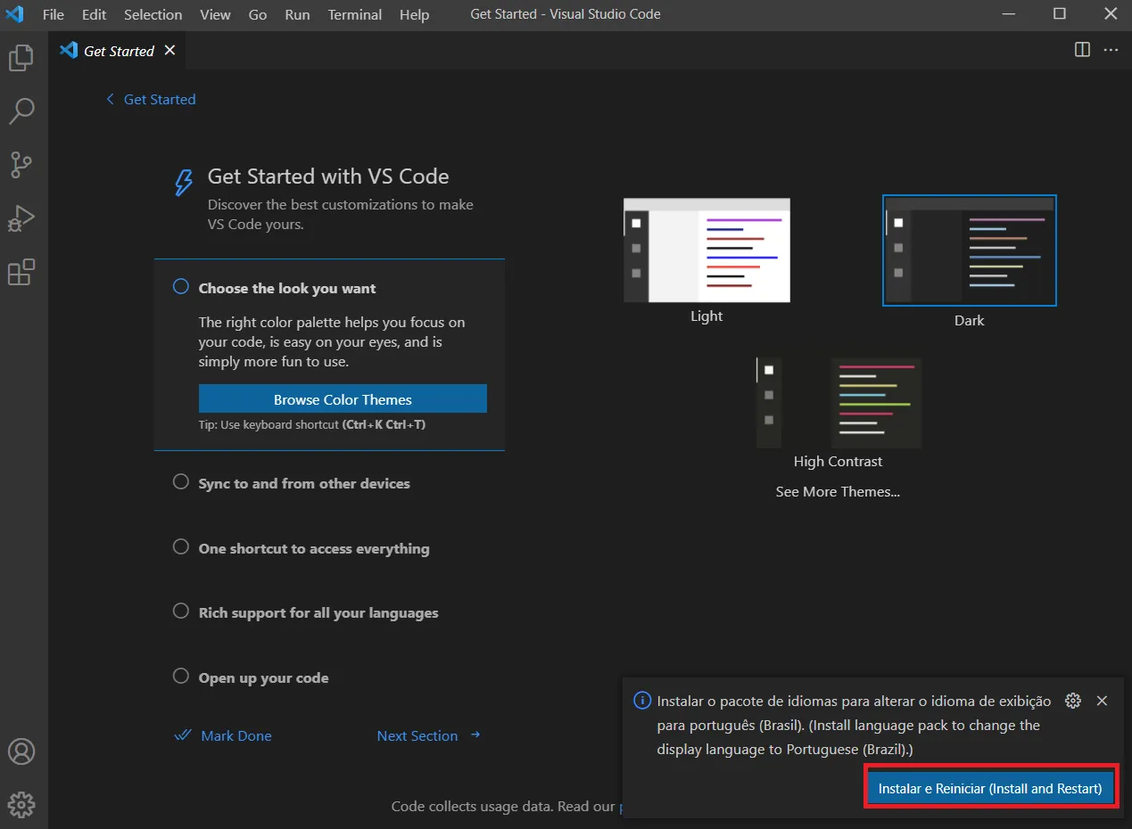 Tela inicial do VS Code com a notificação para instalar o pacote de idioma português destacada
