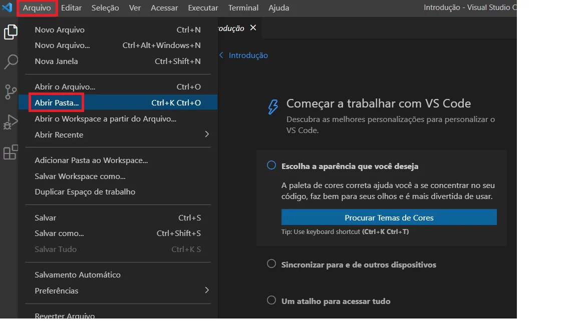 Menu Arquivo do VS Code com a opção Abrir Pasta destacada