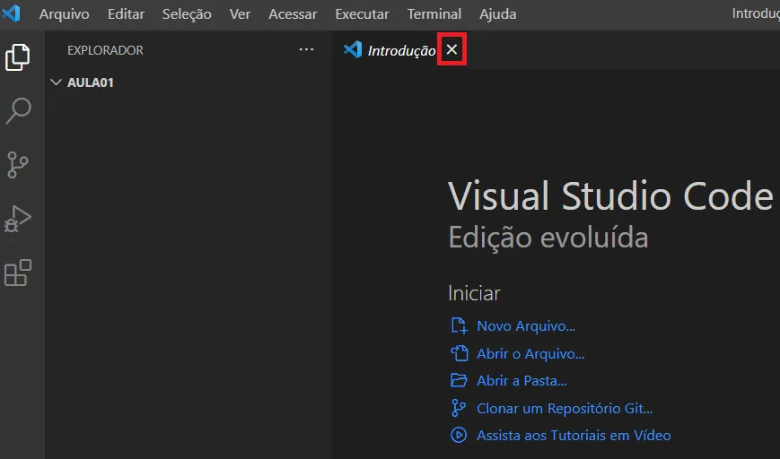Aba Introdução do VS Code com o botão de fechar a aba destacado