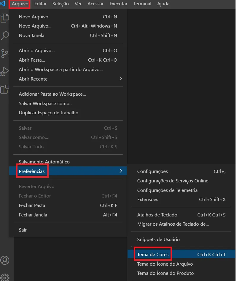 Menu Arquivo, Preferências, Tema de Cores do VS Code