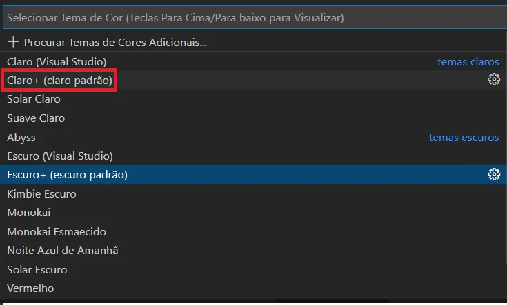 Lista de temas de cores com a opção Claro+ (claro padrão) destacada