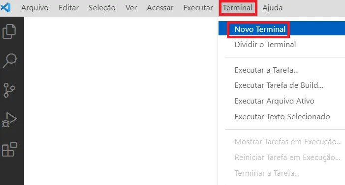 Menu Terminal do VS Code com a opção Novo Terminal destacada