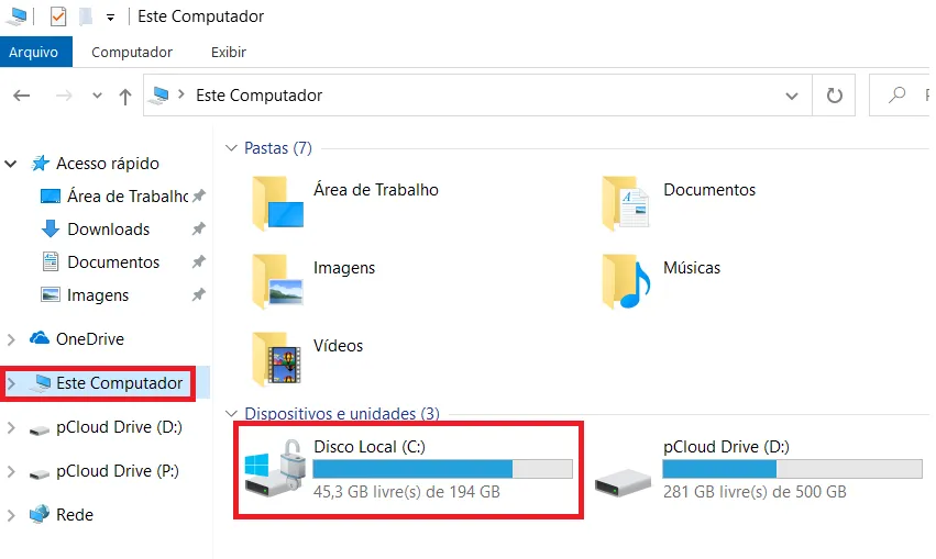 Este Computador com a unidade Disco Local C destacada